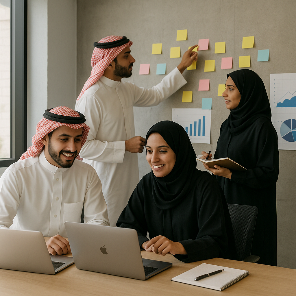 رواد أعمال سعوديون يعملون في مساحة عمل مشتركة مع تحليل بيانات السوق – Economic Consulting for Startups in Saudi Arabia.