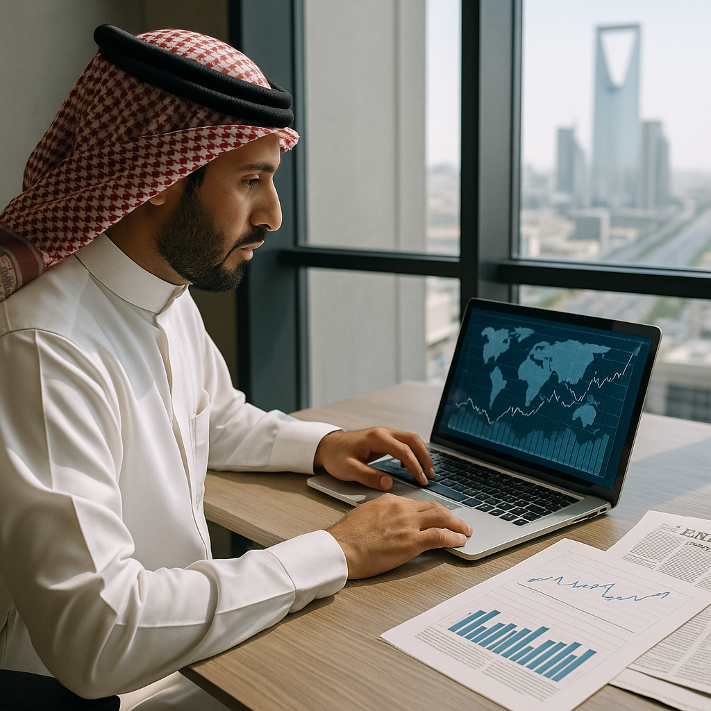 مستشار اقتصادي سعودي يعرض خطة لإدارة المخاطر على شاشة رقمية – Risk Management Economic Consulting.